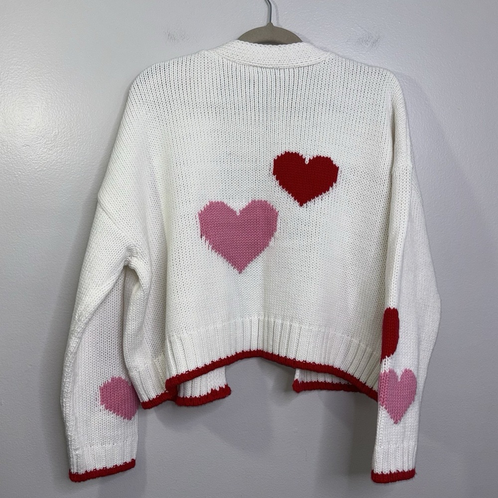 Valentine Heart Thick Cardigan Sweater Francesca's Size Medium Pink/red/white - Picture 2 of 3